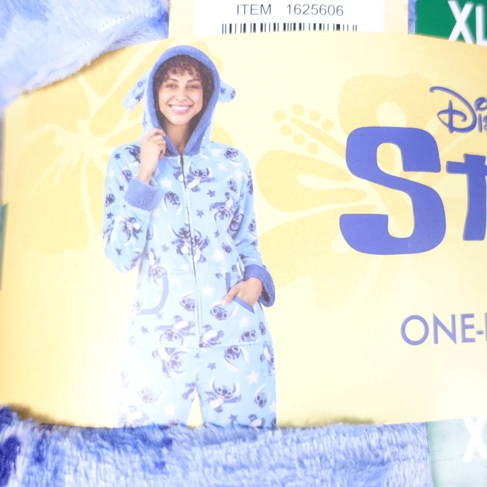 Disney Stitch One Piece Pajama Women XL 16-18 Blue Plush Fleece Hooded Sleeper - Picture 3 of 7